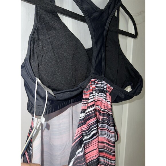 Yonique Women Swim Top Bathing Tankini Pink Black Stripes Racerback L Padded NWT - Picture 7 of 14